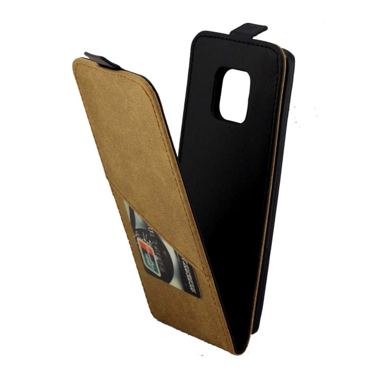 Vertical flip phone case with card slot, tan interior pocket and black cover