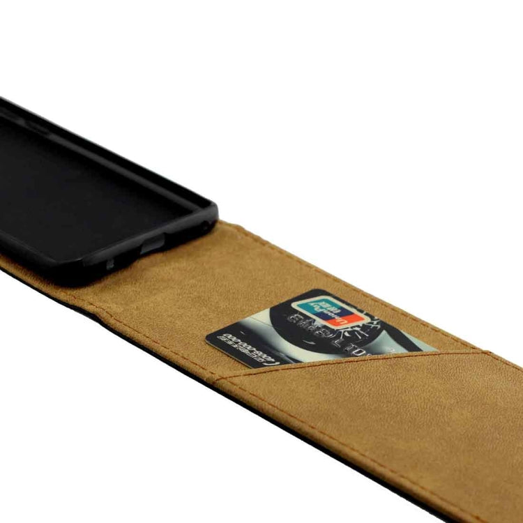 Vertical flip phone case card slot close-up, tan leather pocket with ID card