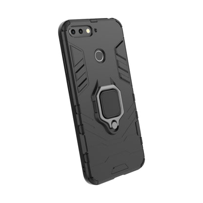 Black shockproof phone case with magnetic ring holder, rugged textured back