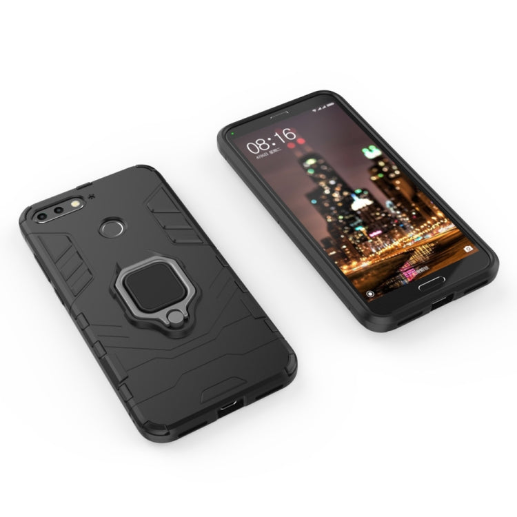 Black shockproof phone case with magnetic ring holder, front and back shown