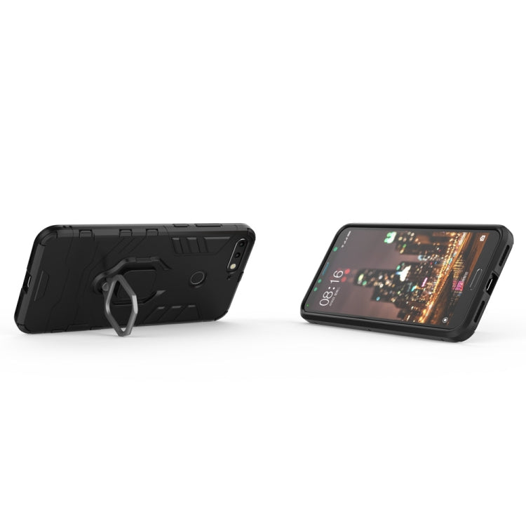 Black shockproof phone case with magnetic ring holder, angled views