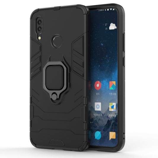 Black shockproof phone case with raised ring holder on the back, screen side visible.