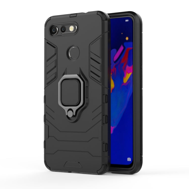Black shockproof phone case with magnetic ring stand, rugged grip shell