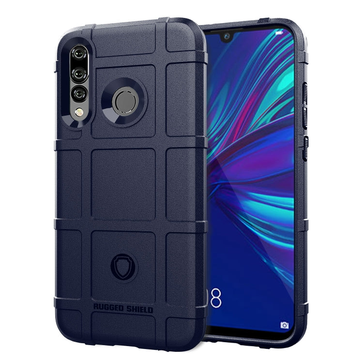 Blue rugged protective silicone phone case with camera cutouts and raised screen edge