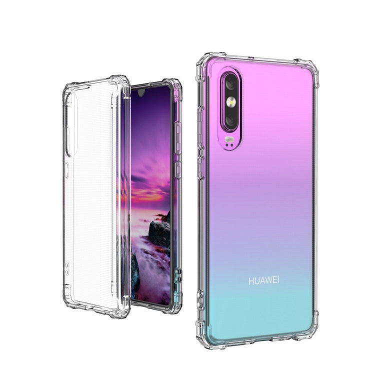 Clear TPU shockproof case shown open and on phone with port cutouts for HUAWEI P30
