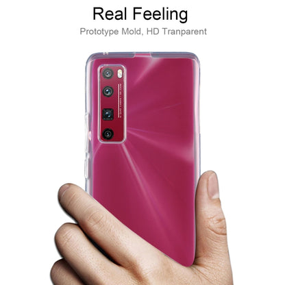 Ultra-thin transparent TPU phone case held in hand, clear with camera opening