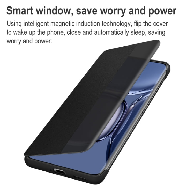 Black flip leather case with smart window, cover folded for viewing