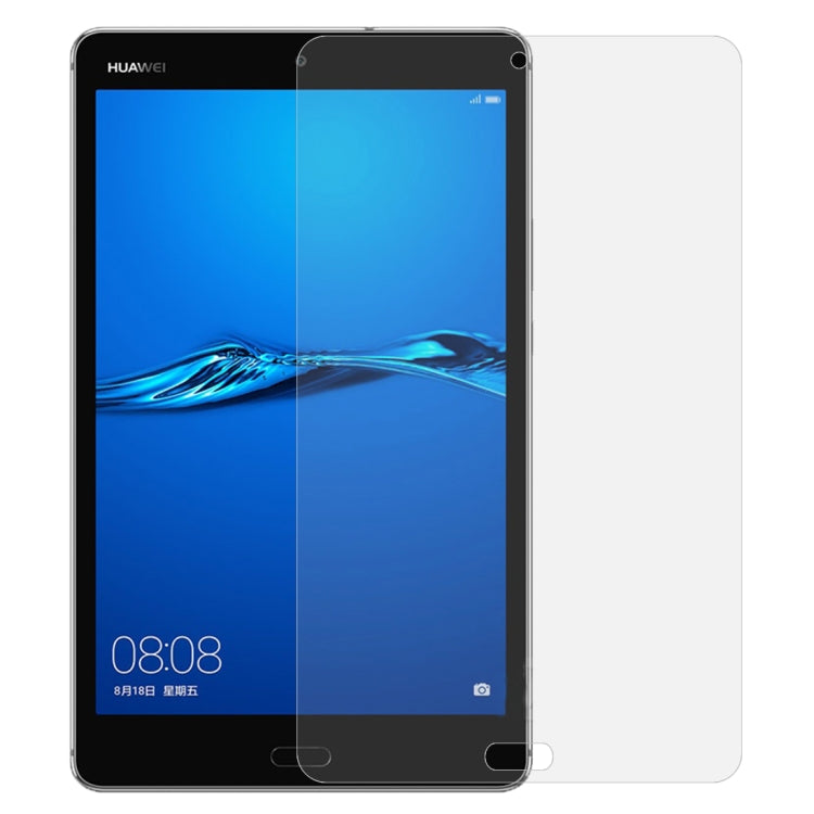 Tempered glass screen protector on Huawei tablet screen, clear overlay with cutouts