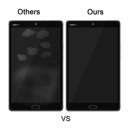 Tempered glass screen protector comparison showing improved clarity on tablet screen