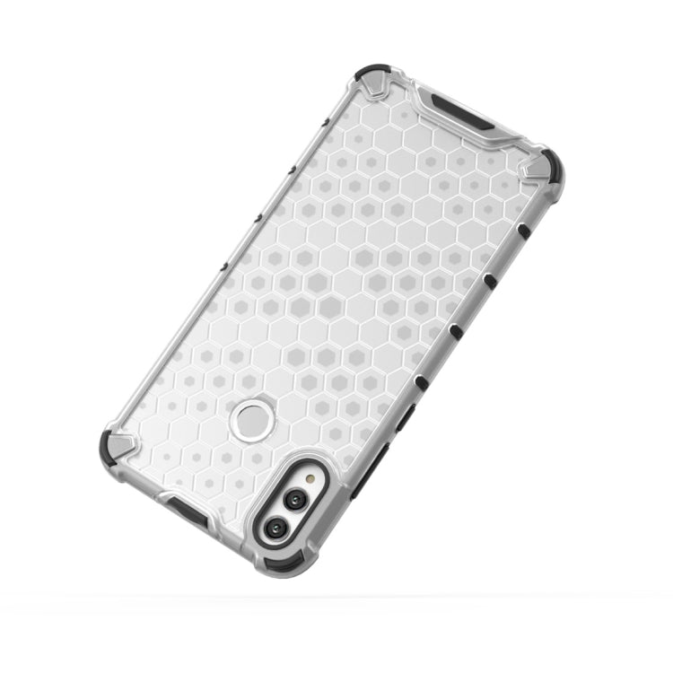 White honeycomb shockproof phone case with raised corners and dual camera cutout
