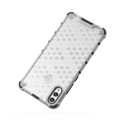 White honeycomb shockproof phone case with raised corners and dual camera cutout