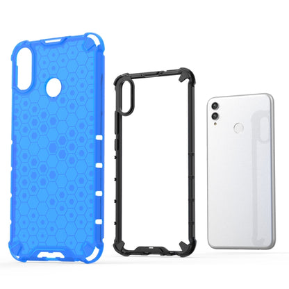 Blue honeycomb shockproof phone case with black frame, front and back phone shown