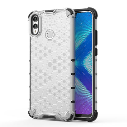 Light grey honeycomb shockproof phone case with raised corners and camera cutout