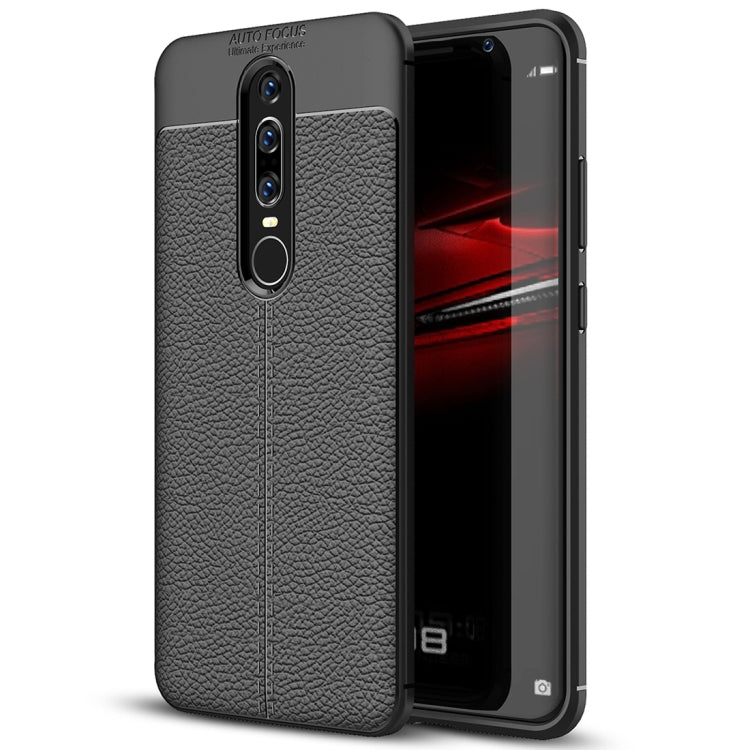 Black litchi-texture TPU phone case, back and side ports visible
