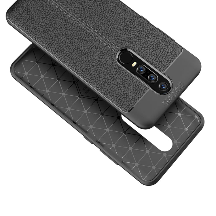 Black litchi-texture TPU case with camera bump and side cutouts, angled