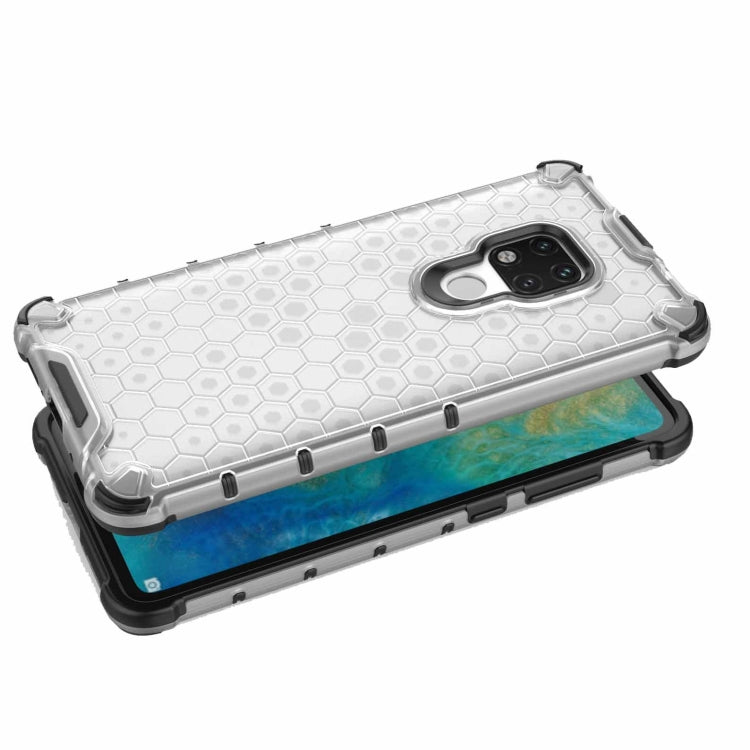 Shockproof honeycomb phone case in white with hex pattern and raised camera bezel