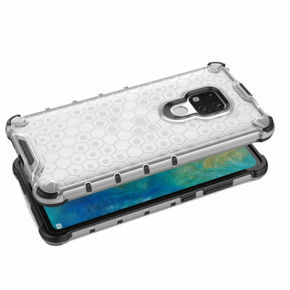 Shockproof honeycomb phone case in white with hex pattern and raised camera bezel