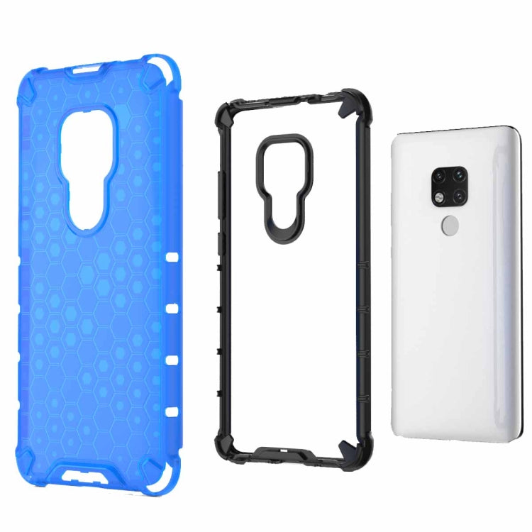Shockproof honeycomb phone case in blue with raised camera ring and side button cutouts