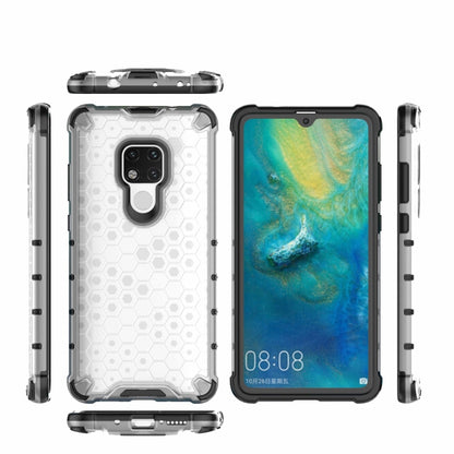Shockproof honeycomb phone case in white, front and back views with camera shield