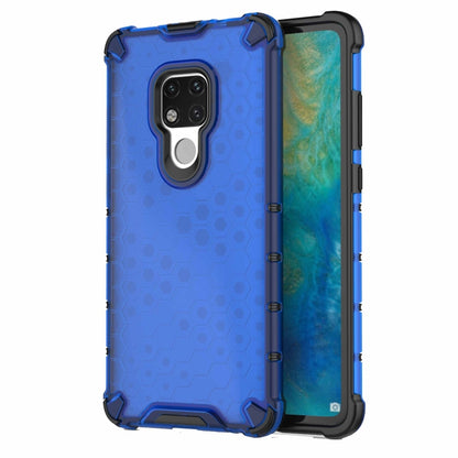 Shockproof honeycomb phone case in blue with raised camera bezel and shockproof corners