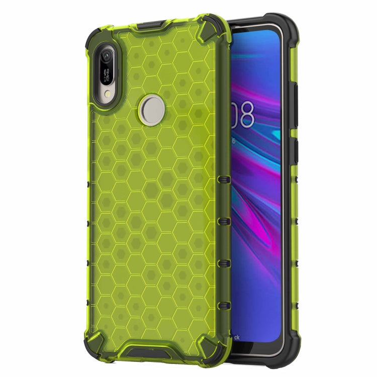 Shockproof honeycomb phone case in neon green with raised corners and cutouts.