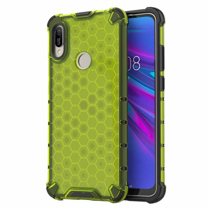 Shockproof honeycomb phone case in neon green with raised corners and cutouts.