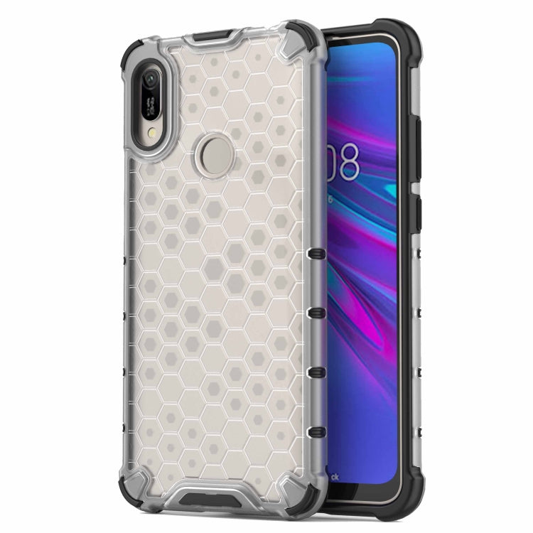 Clear honeycomb shockproof phone case with white hex pattern and ring holder.