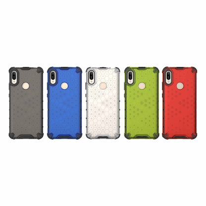 Honeycomb shockproof phone cases shown in black, blue, white, green, and red.
