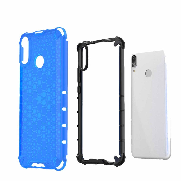 Blue honeycomb shockproof case with TPU bumper and open ports for phone