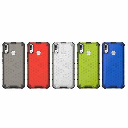 Honeycomb shockproof phone cases in black, red, white, green, and blue—front and back views