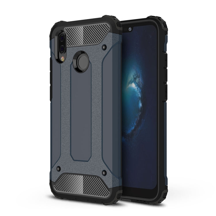 Navy rugged two-piece phone case with textured back, raised corners, and camera openings