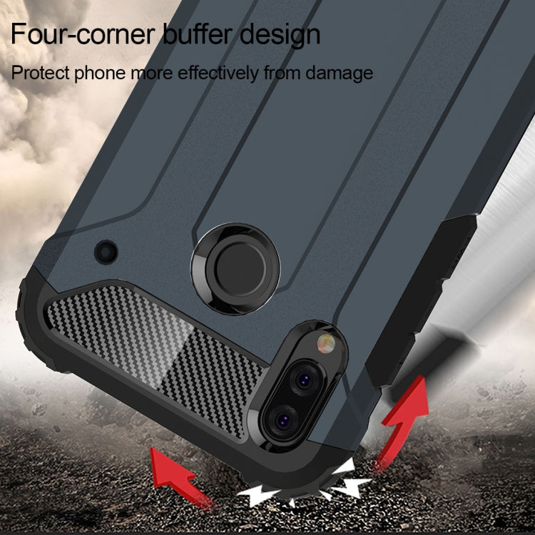 Navy rugged phone case with four-corner buffer, ring holder, and dual-lens camera protection