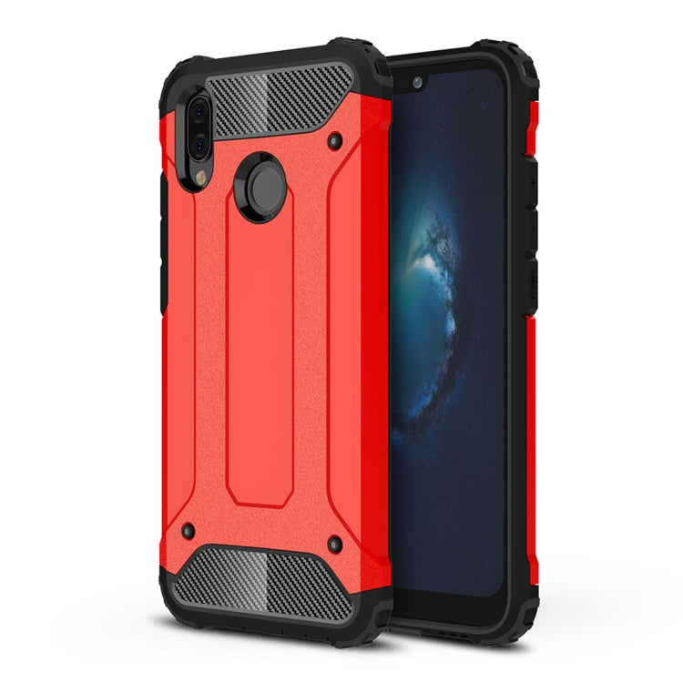 Red rugged TPU PC phone case with textured grip, raised corners, and camera cutouts