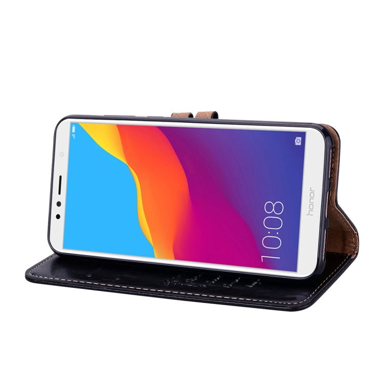 Black leather flip phone wallet case for Huawei Honor 7A with visible screen and stand