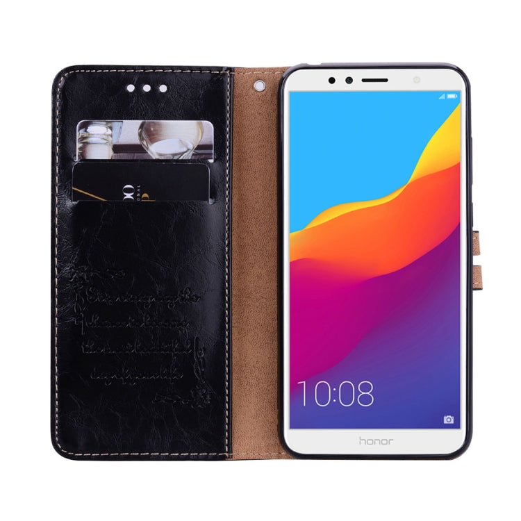 Black leather flip wallet case for Huawei Honor 7A with card slot window and phone installed