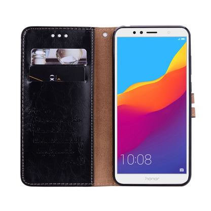 Black leather flip wallet case for Huawei Honor 7A with card slot window and phone installed