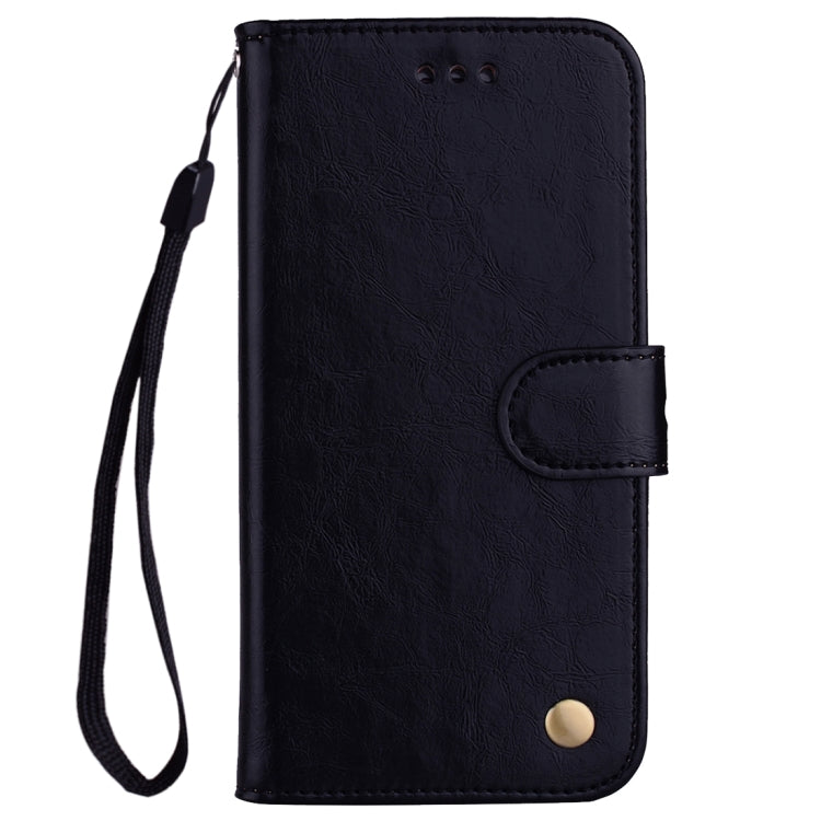 Black flip leather phone case with wrist strap, front cover with snap button