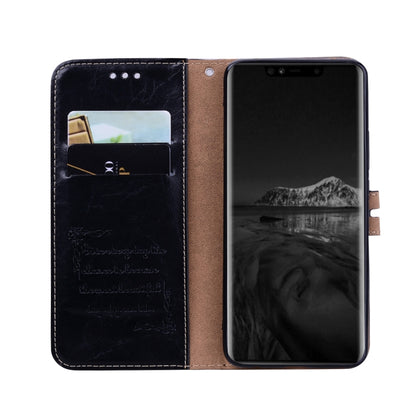 Black leather flip phone wallet case open view with card slots and phone cover