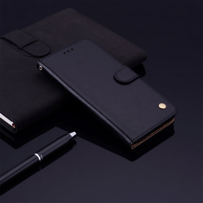 Dark leather-look flip wallet phone case with magnetic closure and card slots