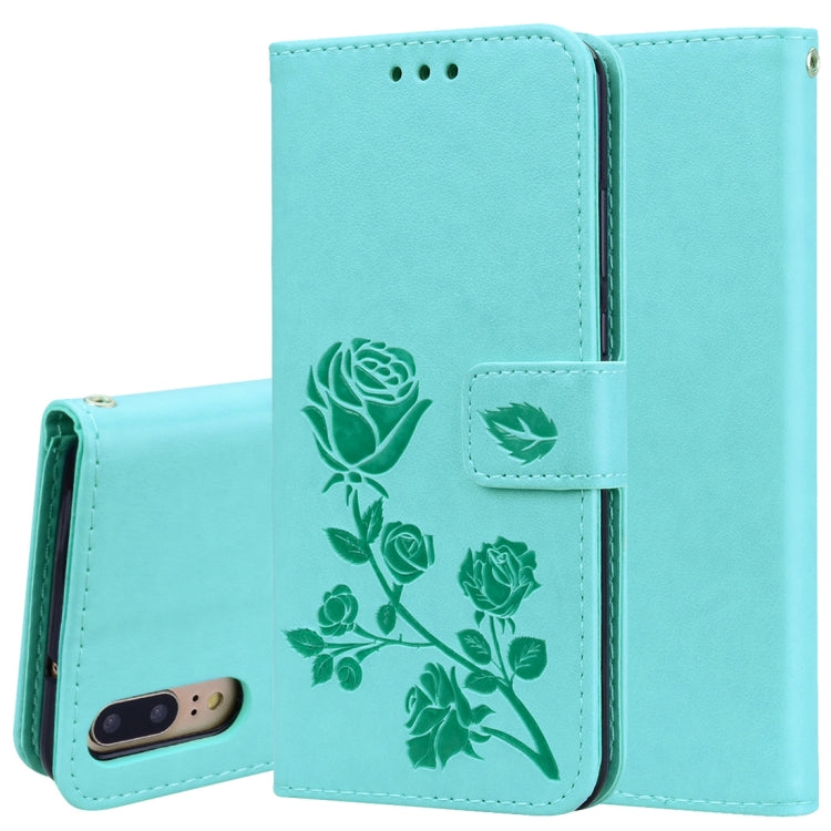Light blue rose-embossed flip PU leather phone case with card slots and holder
