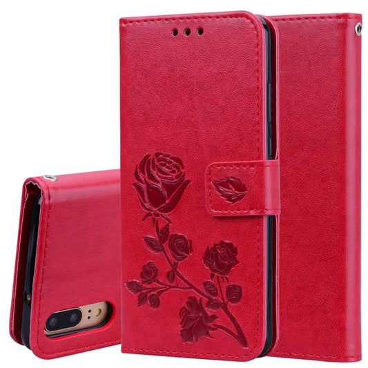 Red rose-embossed flip PU leather phone case with card slots and holder
