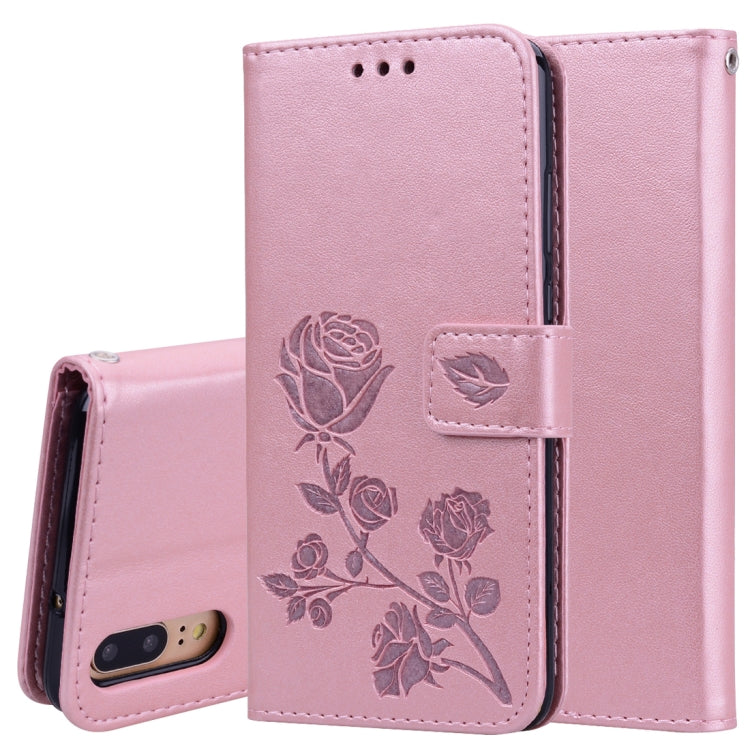 Rose gold rose-embossed flip PU leather phone case with card slots and holder
