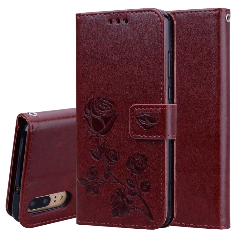 Brown rose-embossed flip PU leather phone case with card slots and holder