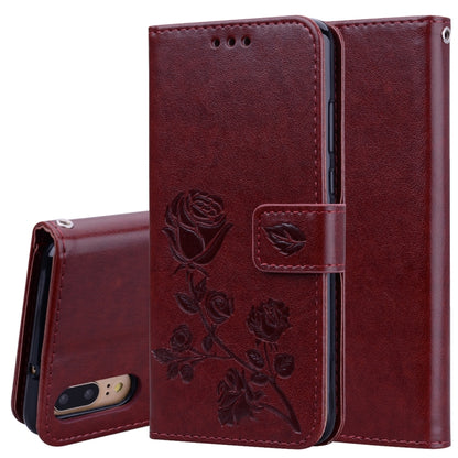 Brown rose-embossed flip PU leather phone case with card slots and holder
