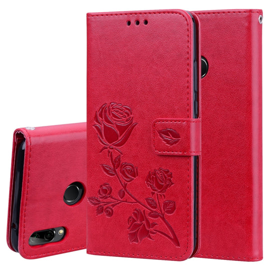 Red PU leather wallet flip case with embossed rose, card holder, and magnetic closure