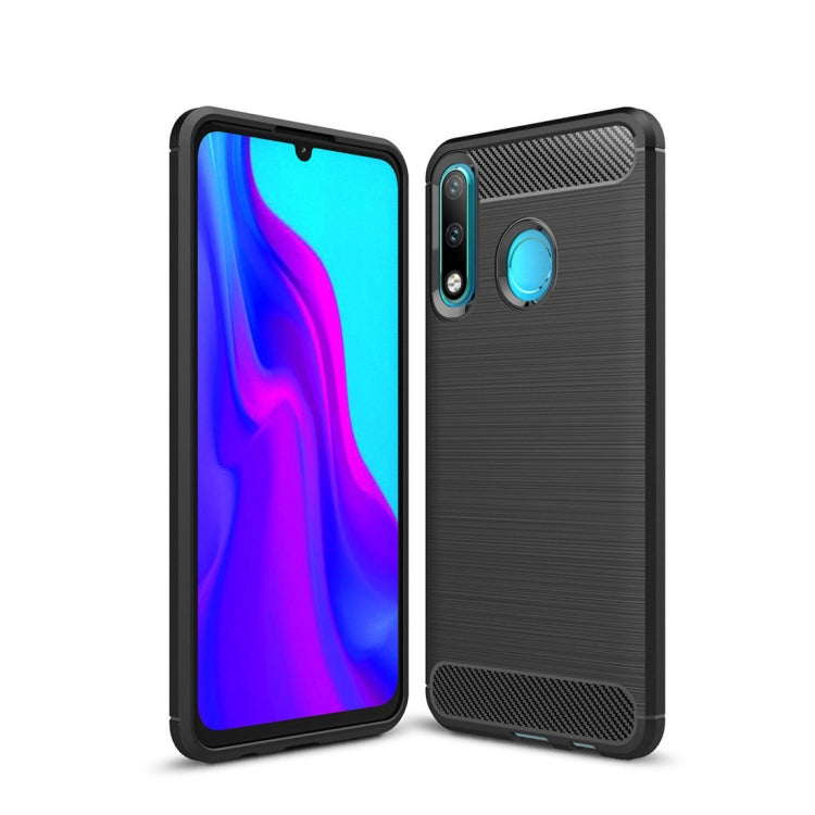 Brushed carbon fiber TPU phone case with camera cutouts and blue accent details, black
