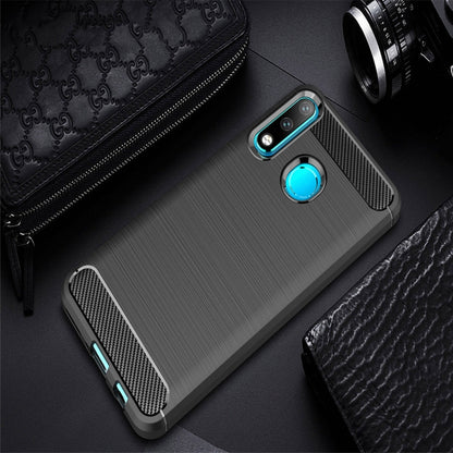 Brushed carbon fiber TPU phone case with camera cutouts and blue accent circle, dark blue