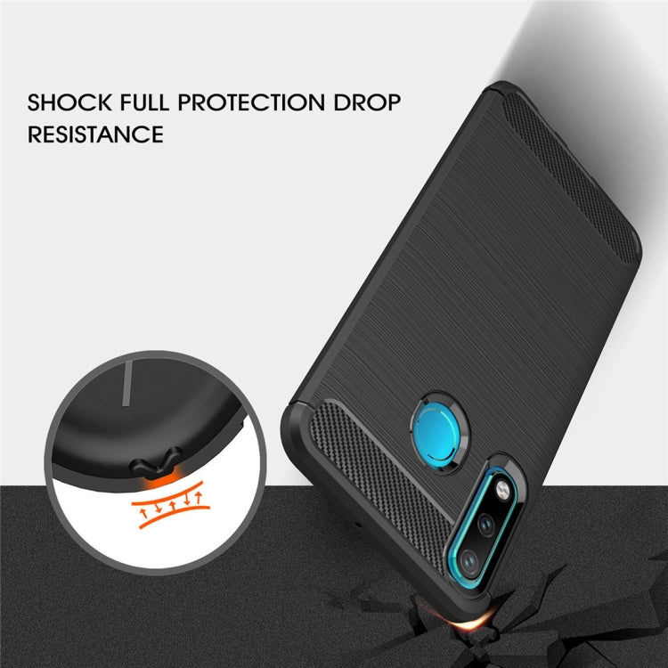 Brushed carbon fiber TPU phone case with raised camera protection edge, blue accent, black