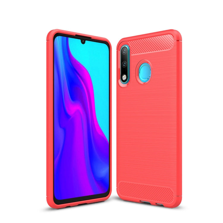 Brushed carbon fiber TPU phone case shown front and back, red with blue accent details