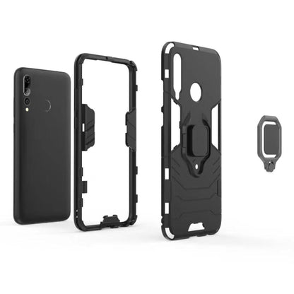 Shockproof phone case set with magnetic ring holder, black, open back and frame pieces shown
